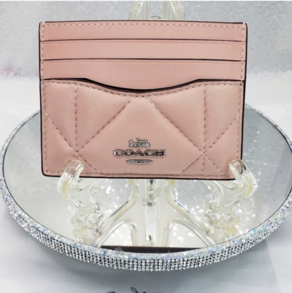 Coach Slim Puffy Diamond Quilting ID Card Case Smooth Napa Leather Pink